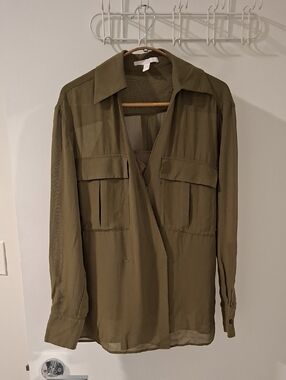 Boss Khaki/Olive Green 100% Silk Patch Pocket Wrap-front Blouse (Size US 0)